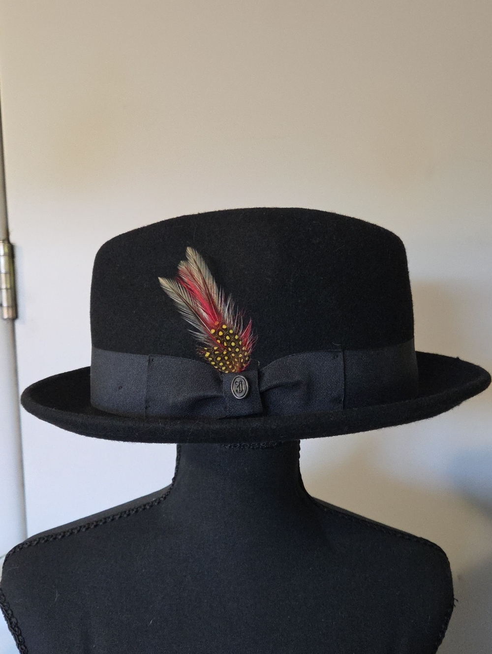 Jaxon Black Felt Fedora Hat with Red & Gold Feather Accent